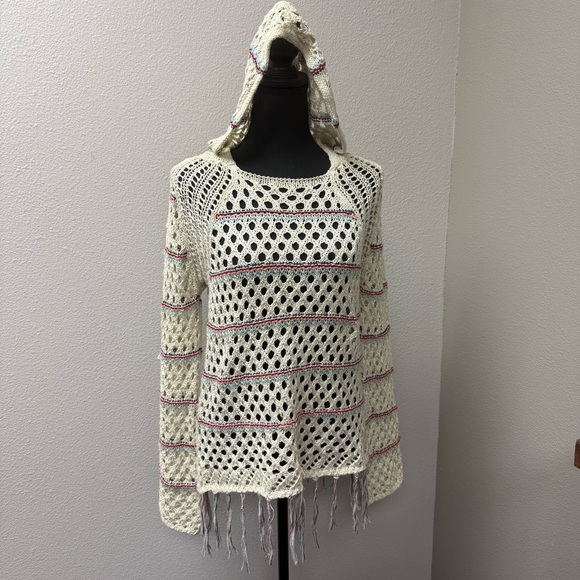 Poof! by Free People Open Knit Fringe Sweater Cream Boho Festival Beach Cover - Picture 8 of 10